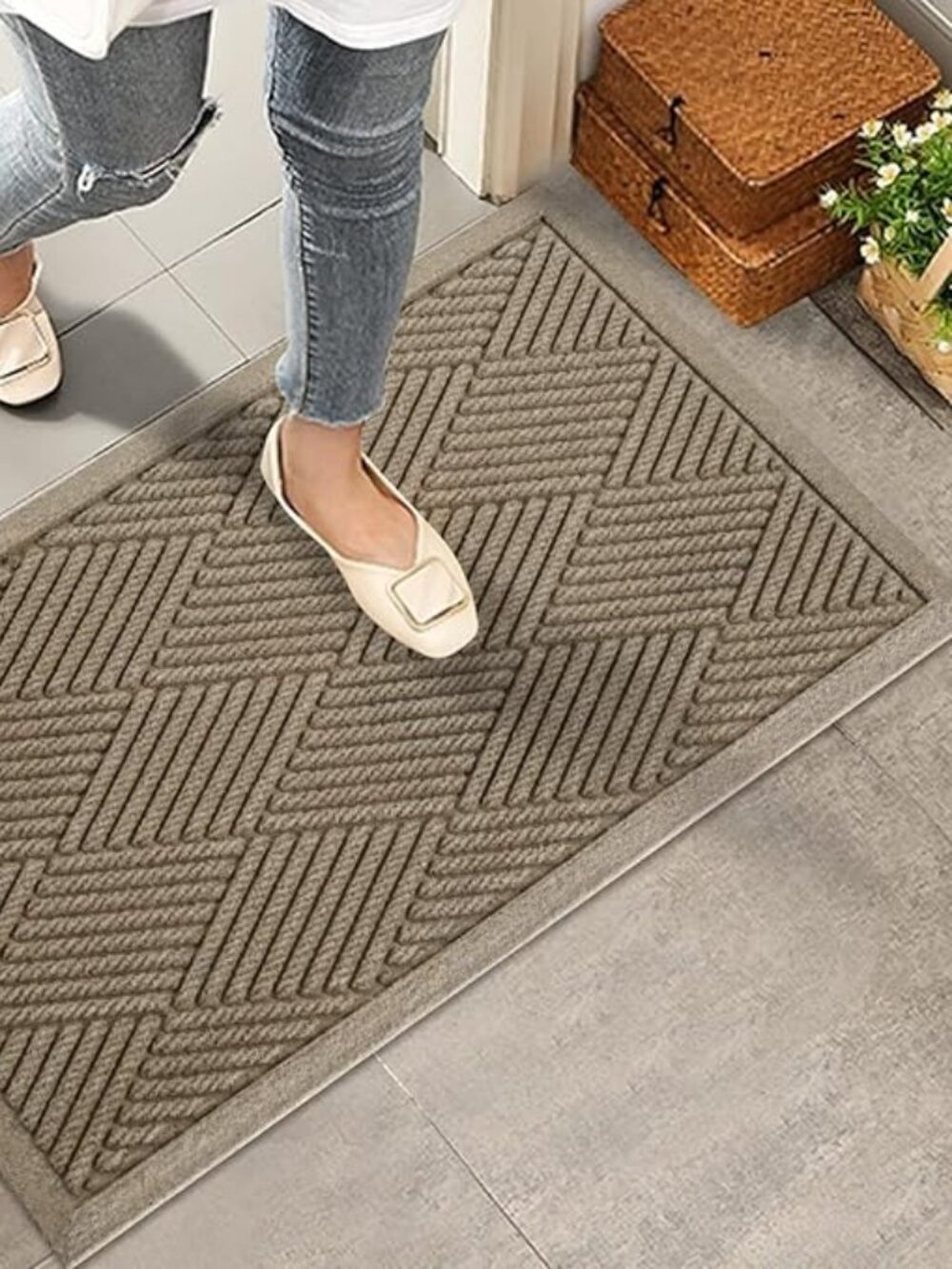 Sturdy Front Door Mat Non Slip Absorbent Dirt Resistant Low Profile Mat Beige